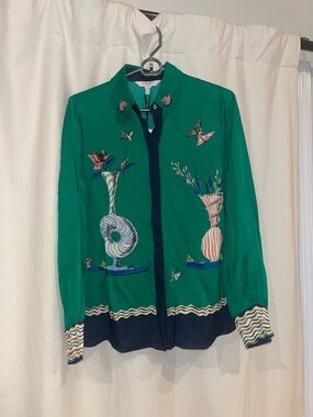 LK Bennett Green Embroidered Silk-Blend Button-Up Blouse